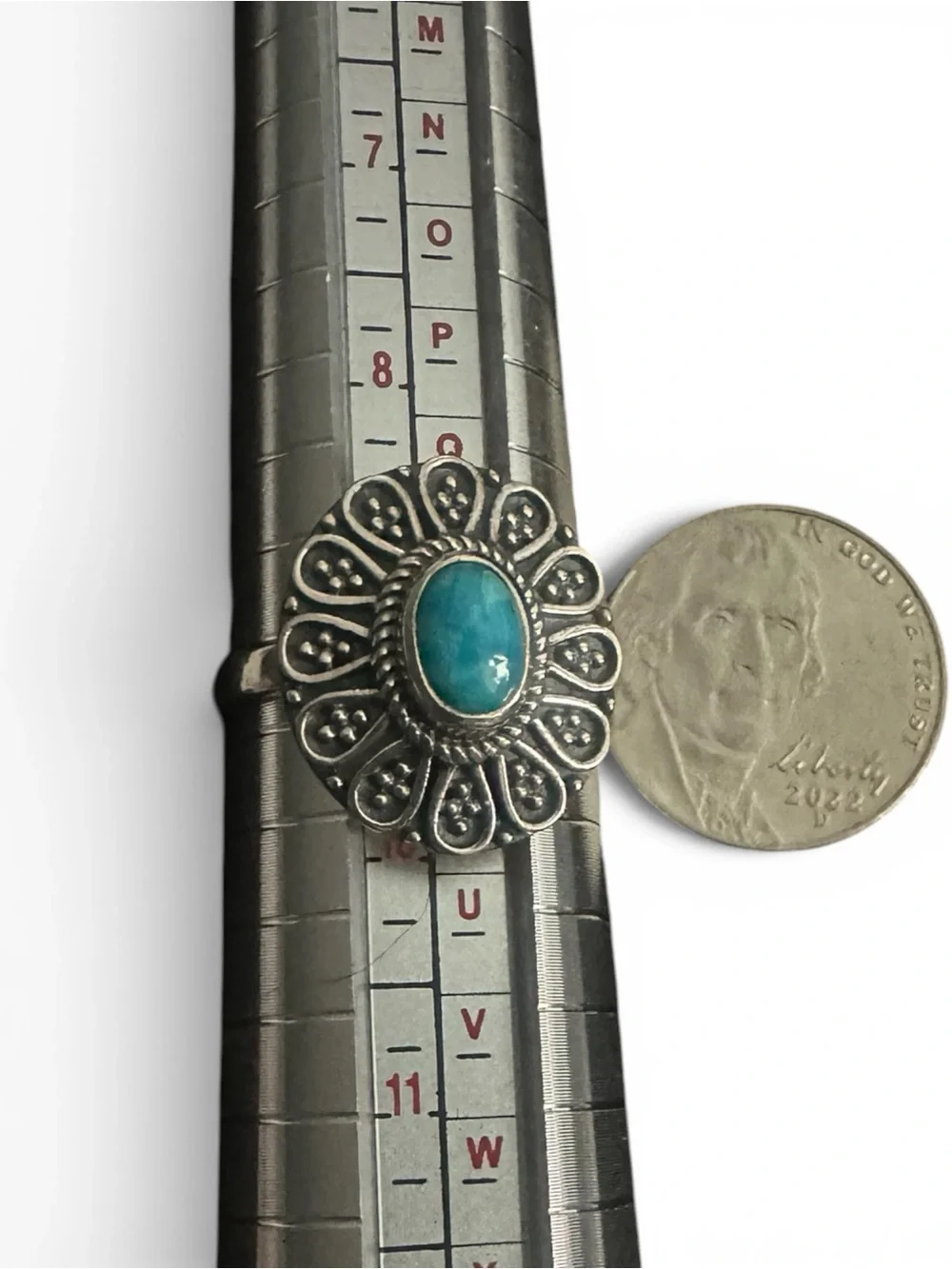 Turquoise Oval Stone Floral Silver Ring by Krush Kandy size 9.25 stamped